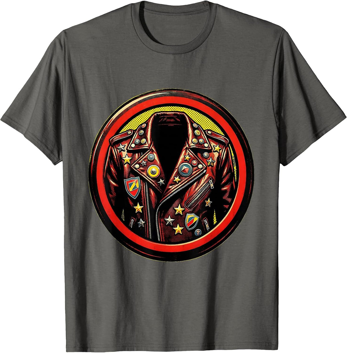 Rock and Roll Leather Jacket Pins and Patches Graphic T-Shirt - Asphalt Grey