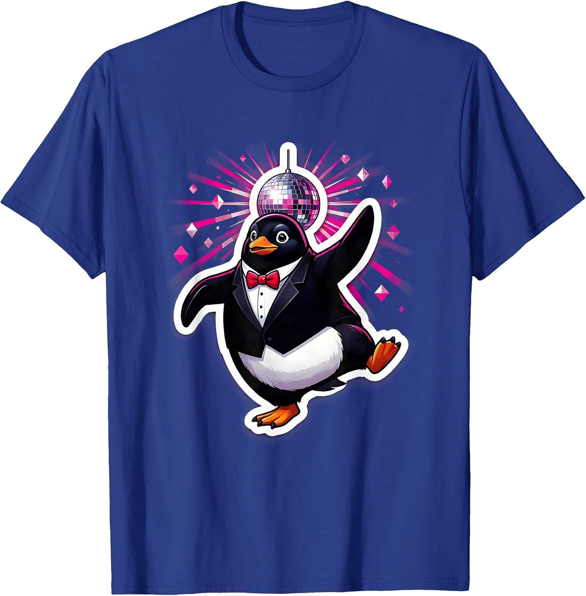 Men's Penguin in Tuxedo Dancing Under Disco Ball T-Shirt - Royal Blue