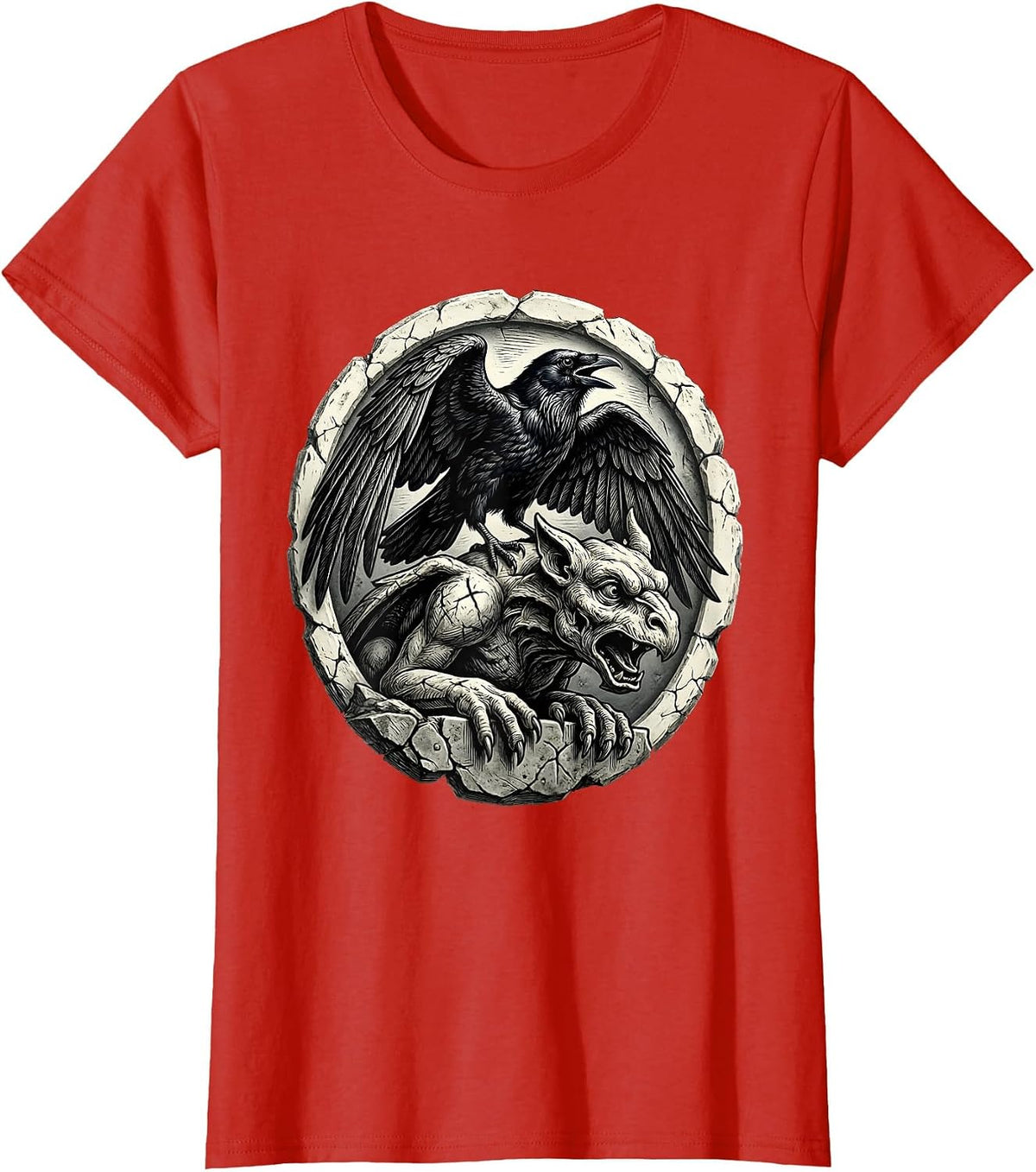 Raven and Gargoyle Gothic Dark Art Design T-Shirt - Red