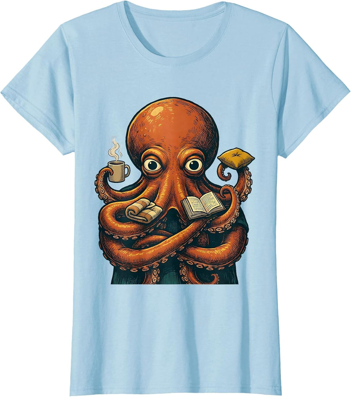 Storybook Octopus Cozy Objects Illustration Ocean Animal T-Shirt - Baby Blue