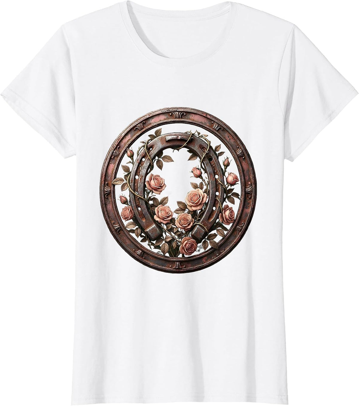 Floral Derby Horseshoe Climbing Roses Illustration T-Shirt - White