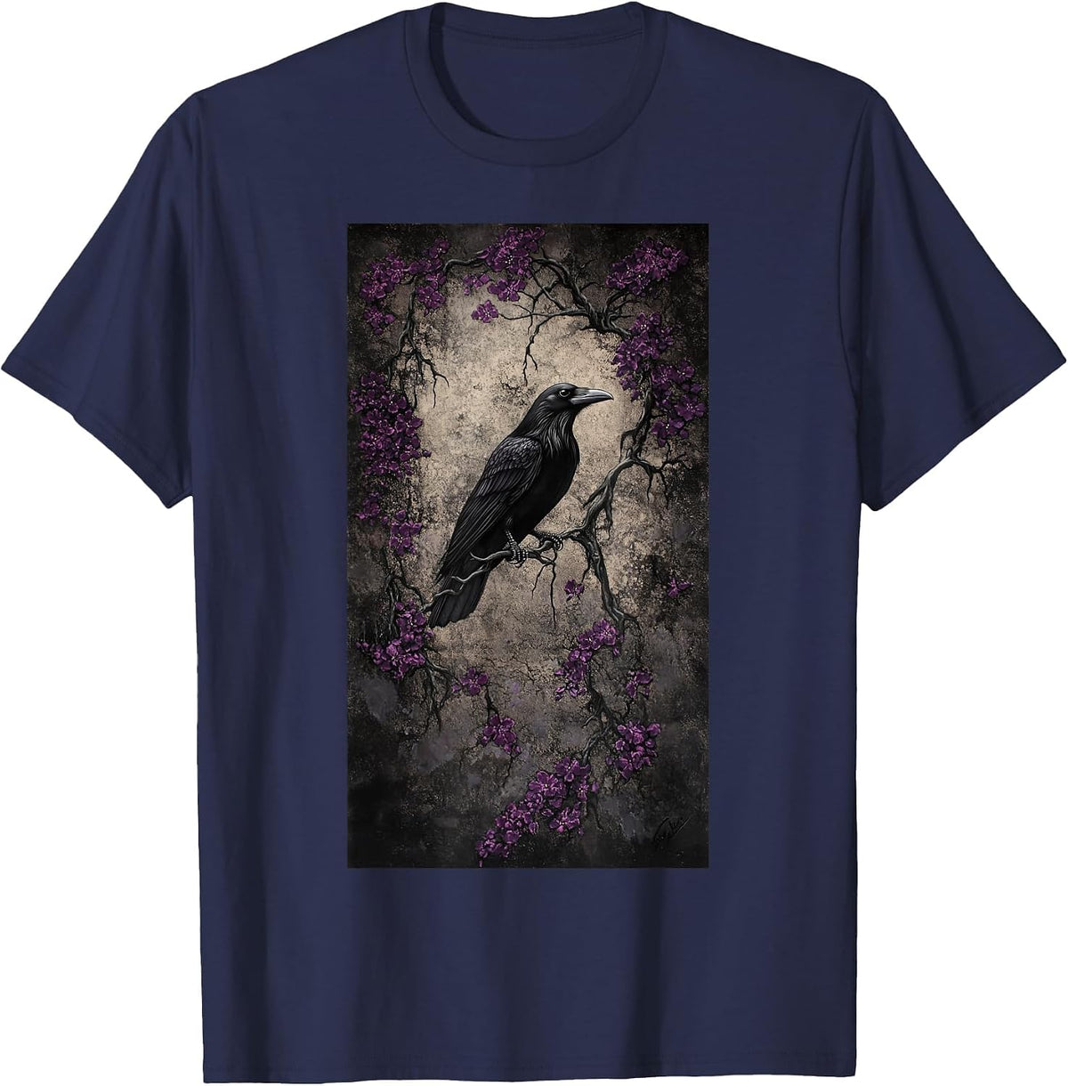 Gothic Raven Blackbird Gothic Art Floral Nature T-Shirt - Navy Blue
