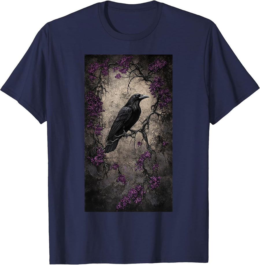 Gothic Raven Blackbird Gothic Art Floral Nature T-Shirt - Navy Blue