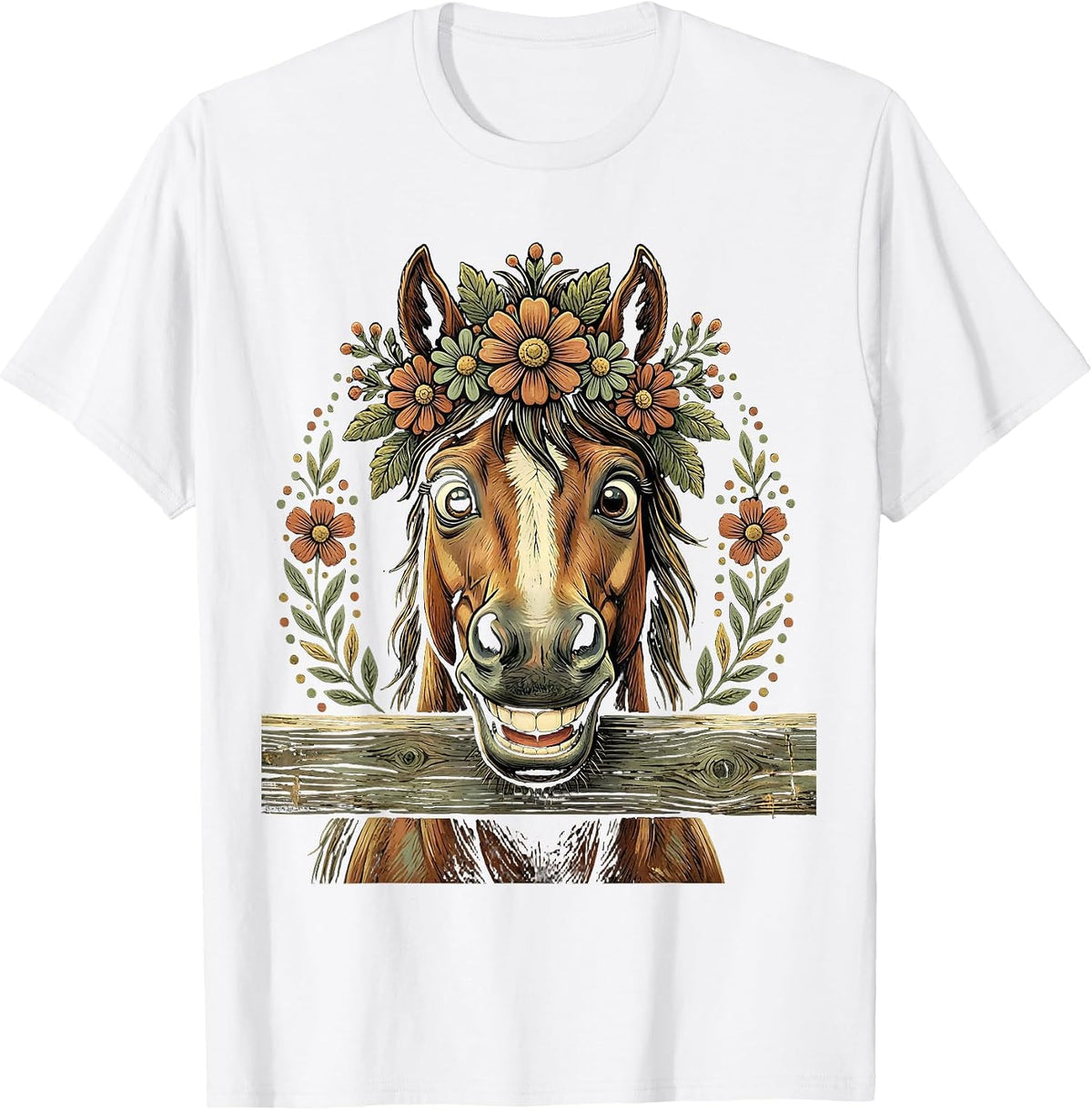 Smiling Horse Peeking Over Fence Cowgirl Design T-Shirt - White