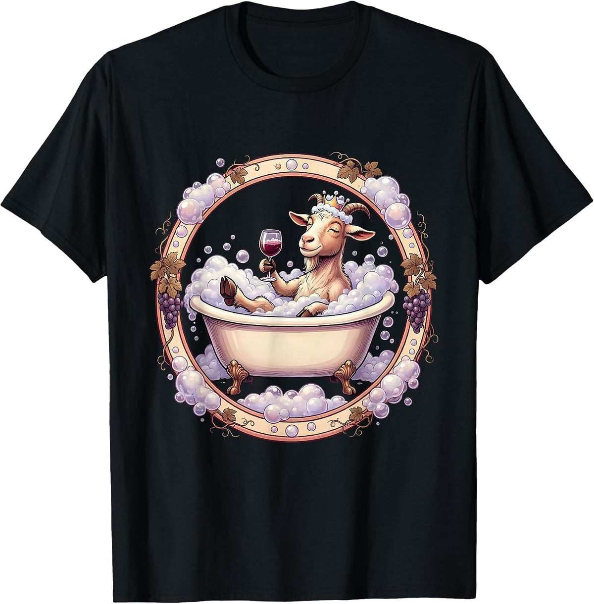 Men's Goat In Bath Bubbles Drinking Wine Funny T-Shirt - Black