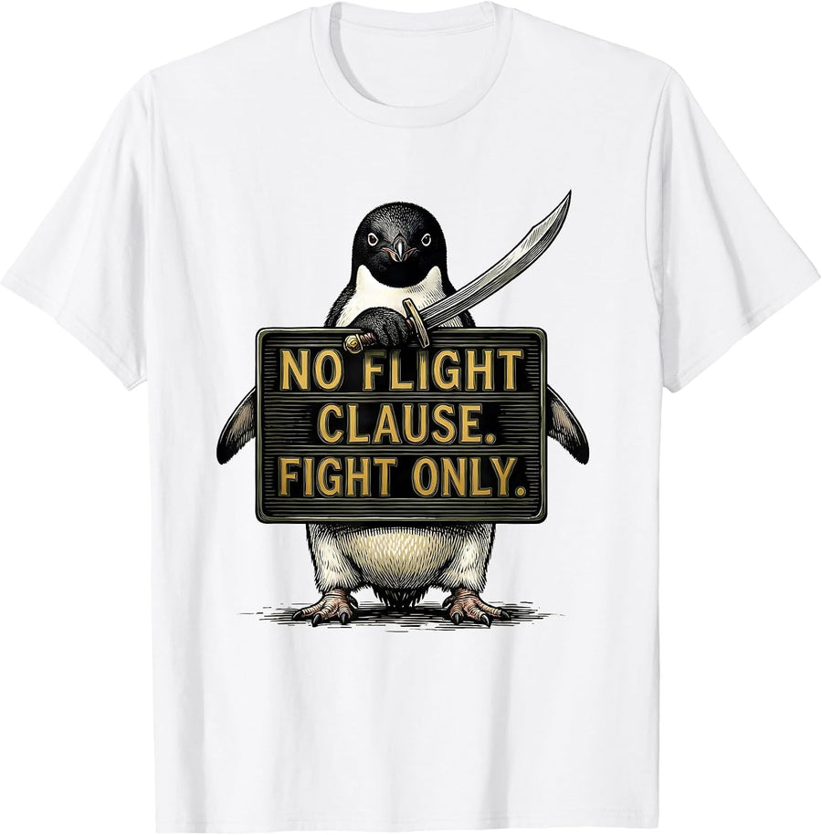 Men's No Flight Clause Fight Only Funny Penguin Meme Absurd Humor T-Shirt - White