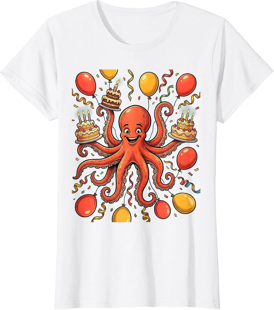 Women's Octopus Birthday Party Balloon Celebration Graphic T-Shirt - White