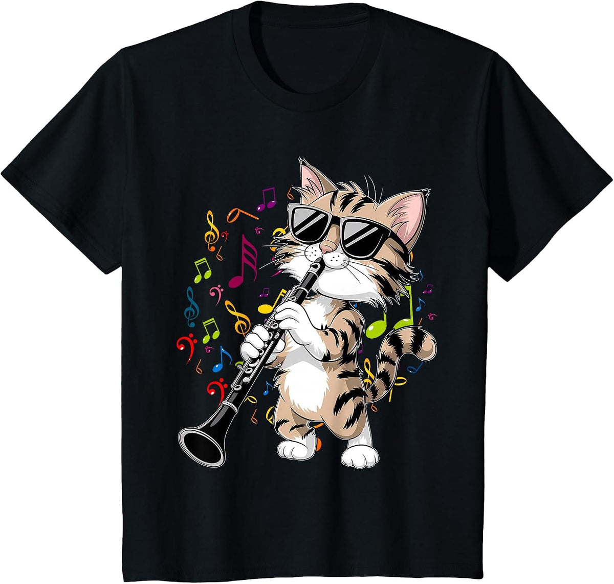 Funny Cat Wearing Sunglasses Playing Clarinet T-Shirt - Black