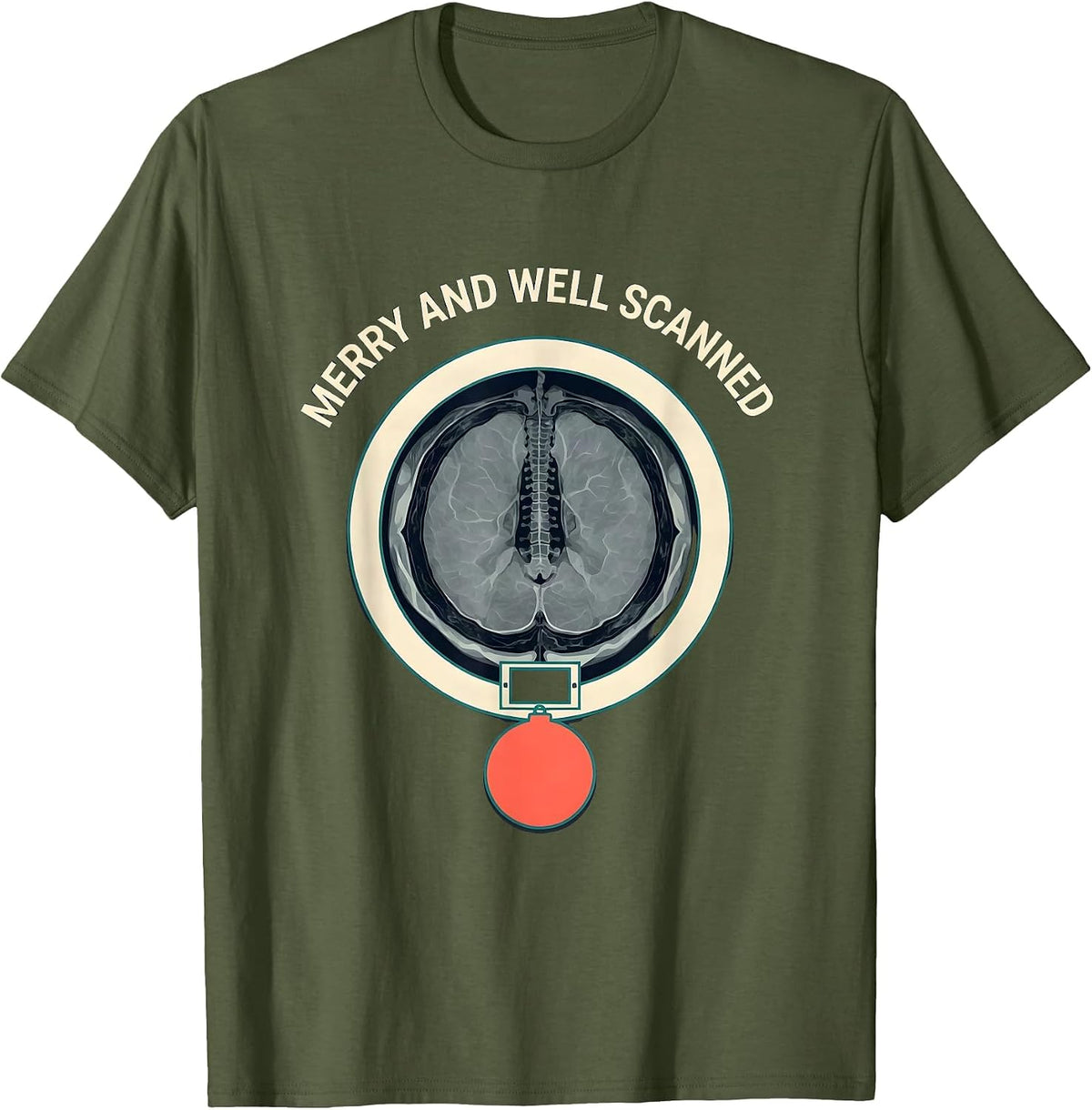 Merry And Well Scanned Radiology Tech Christmas Skeleton Pun T-Shirt - Olive Green