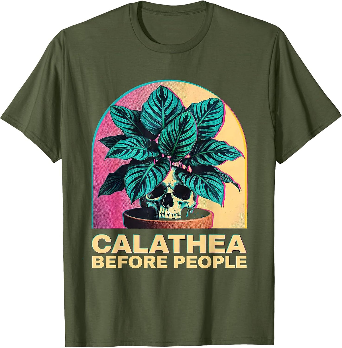 Men's Calathea Before People Risograph Grunge Plant Lover Humor T-Shirt - Olive Green