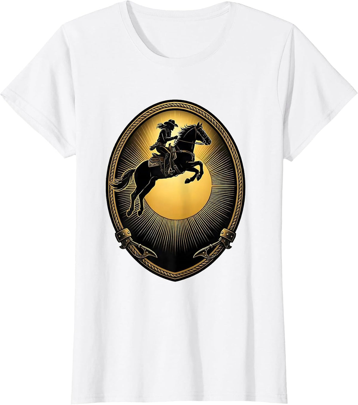 Cowgirl and Horse Jumping Over Setting Sun T-Shirt - White
