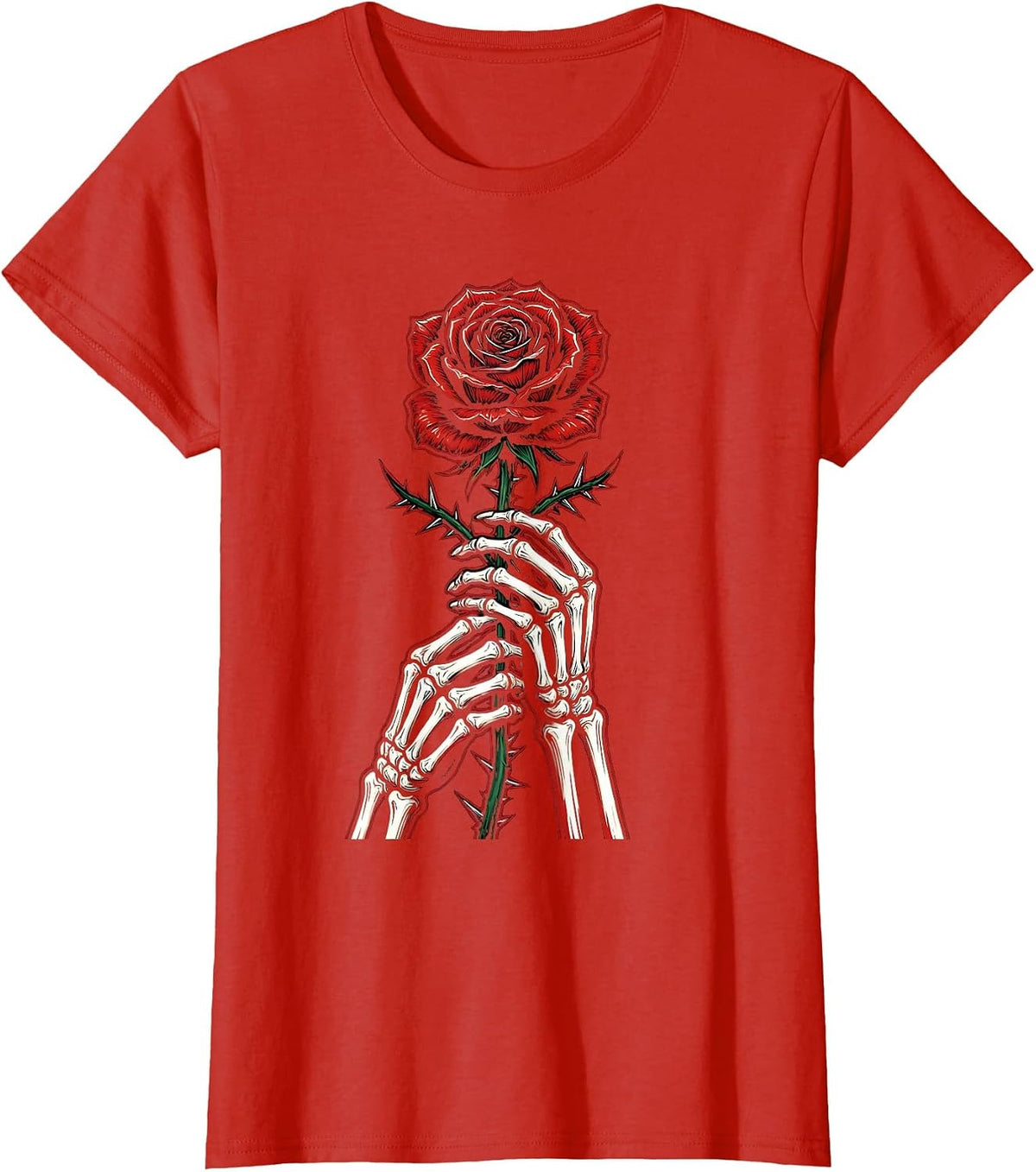 Women's Skeleton Hands Gripping Thorned Rose Long Sleeve T-Shirt - Red