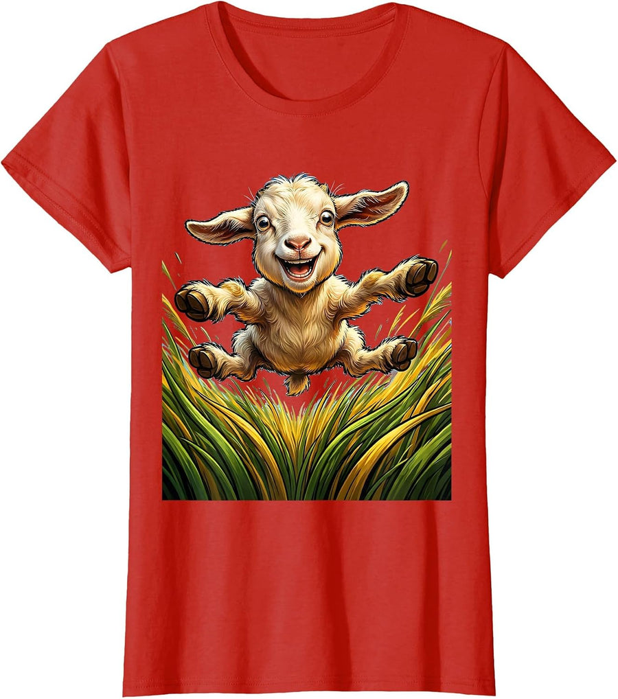 Women's Baby Goat Leaping Through Tall Grass Illustration T-Shirt - Red