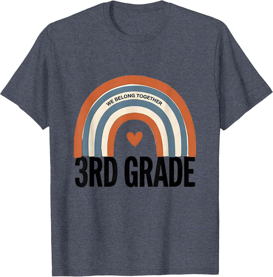 We Belong Together, 3rd Grade Boho Rainbow Teacher Back T-Shirt - Heather Blue