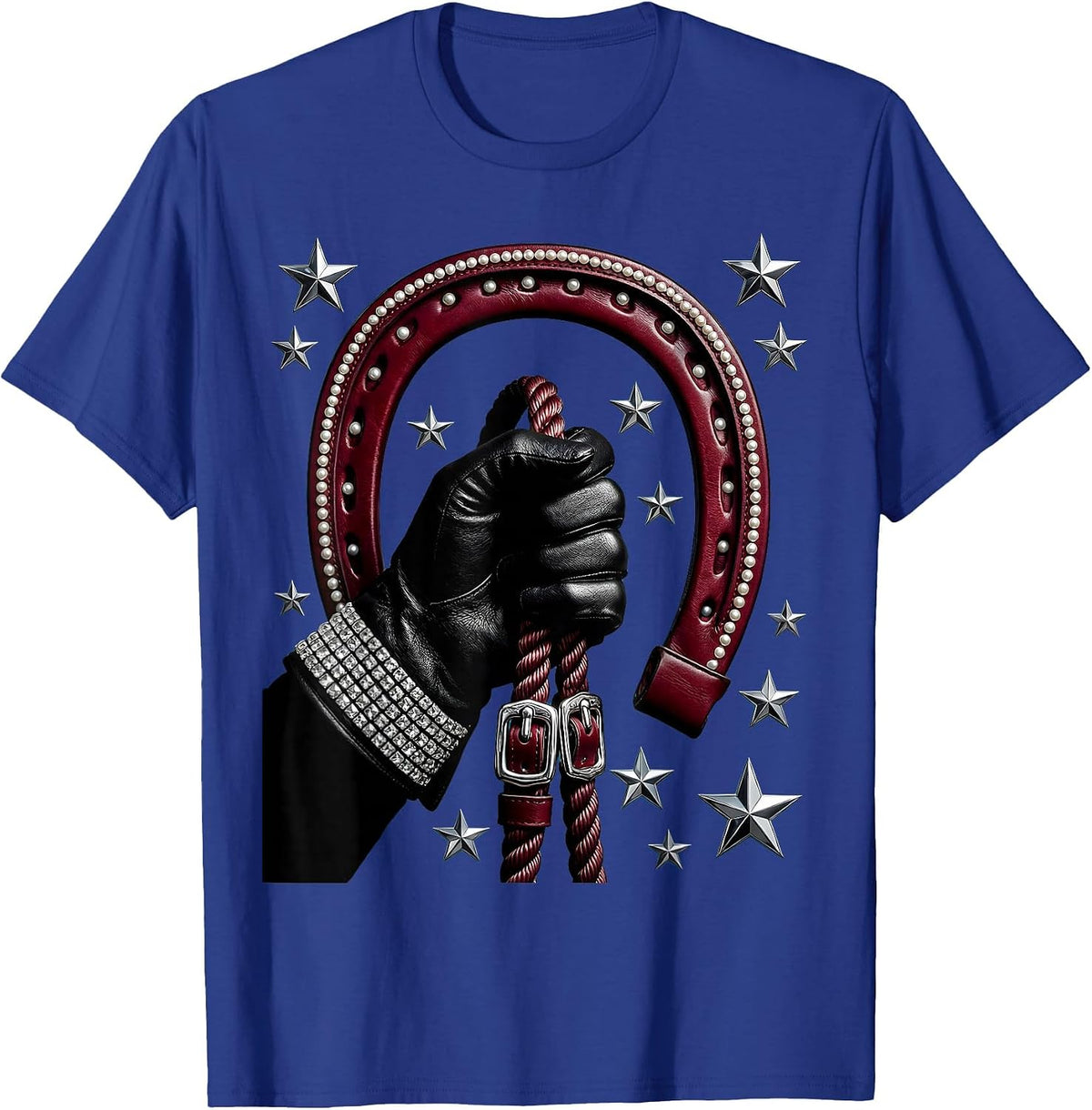 Cowboy Hand Holding Reins Stormy Sky Illustration T-Shirt - Royal Blue