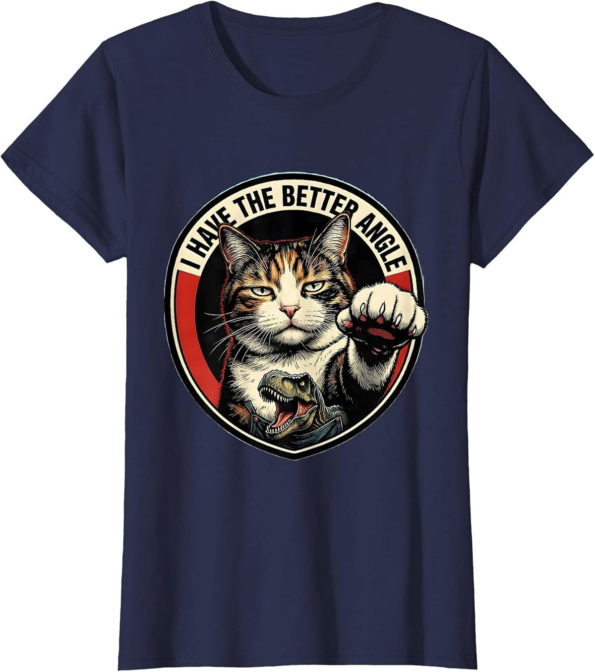 Women's I Have The Better Angle Comic Book Cat Selfie With T-Rex T-Shirt - Navy Blue