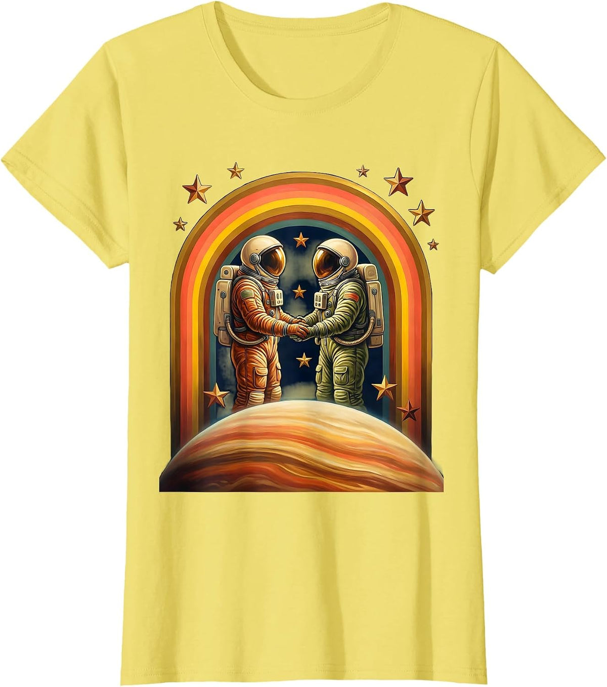Couples Astronaut Holding Hands in Space Design T-Shirt - Lemon Yellow