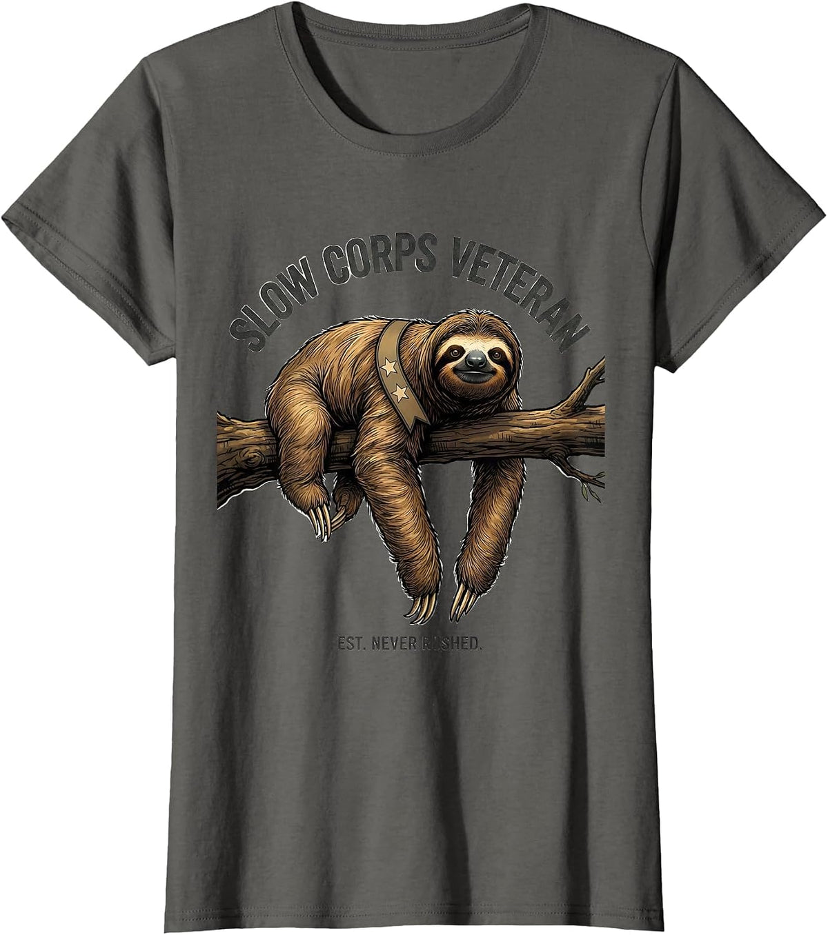 Women's Slow Corps Veteran, Est. Never Rushed Funny Sloth Lover Gift T-Shirt - Asphalt Grey