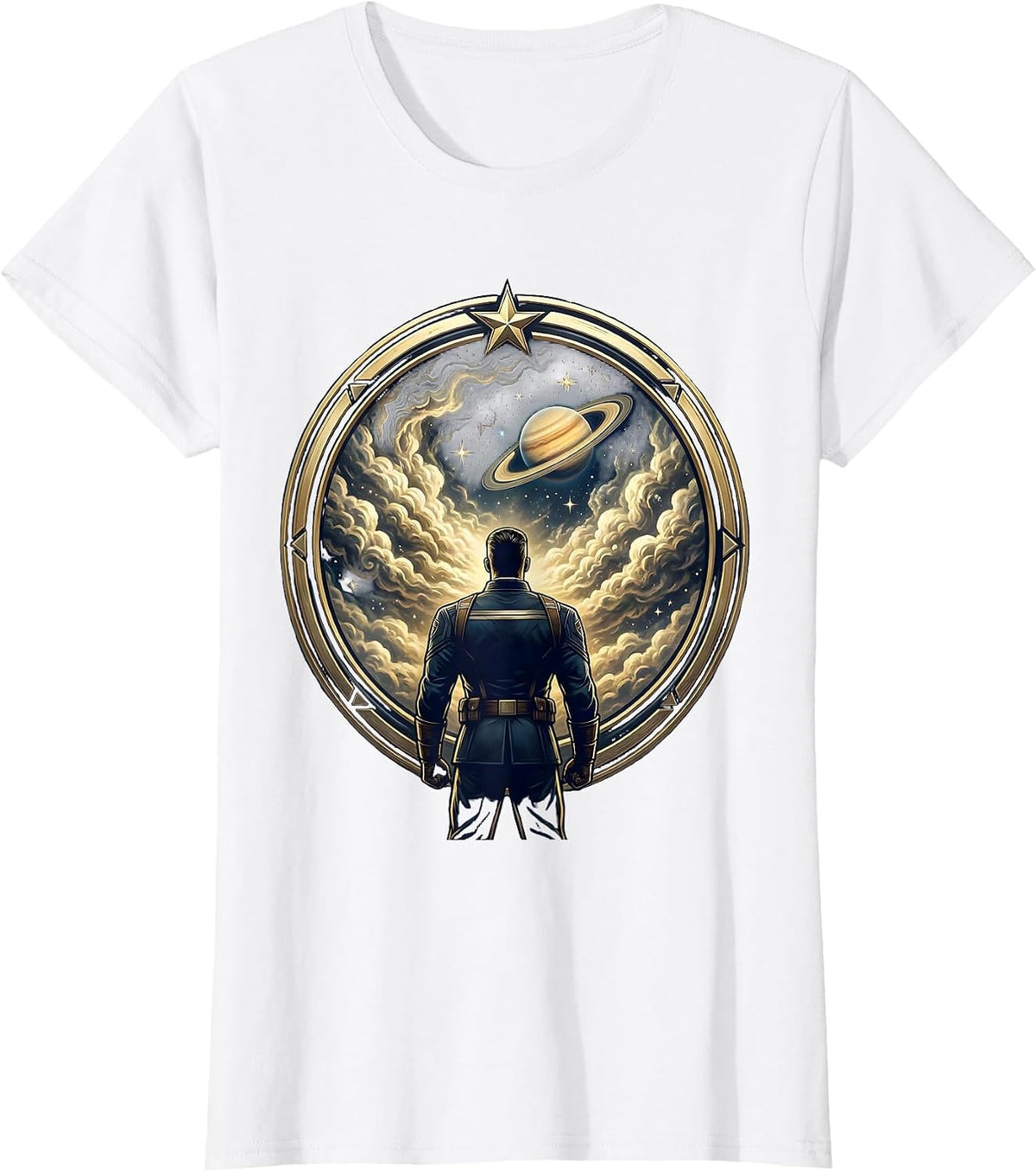 Women's Space Commander Gazing at Nebula Graphic T-Shirt - White