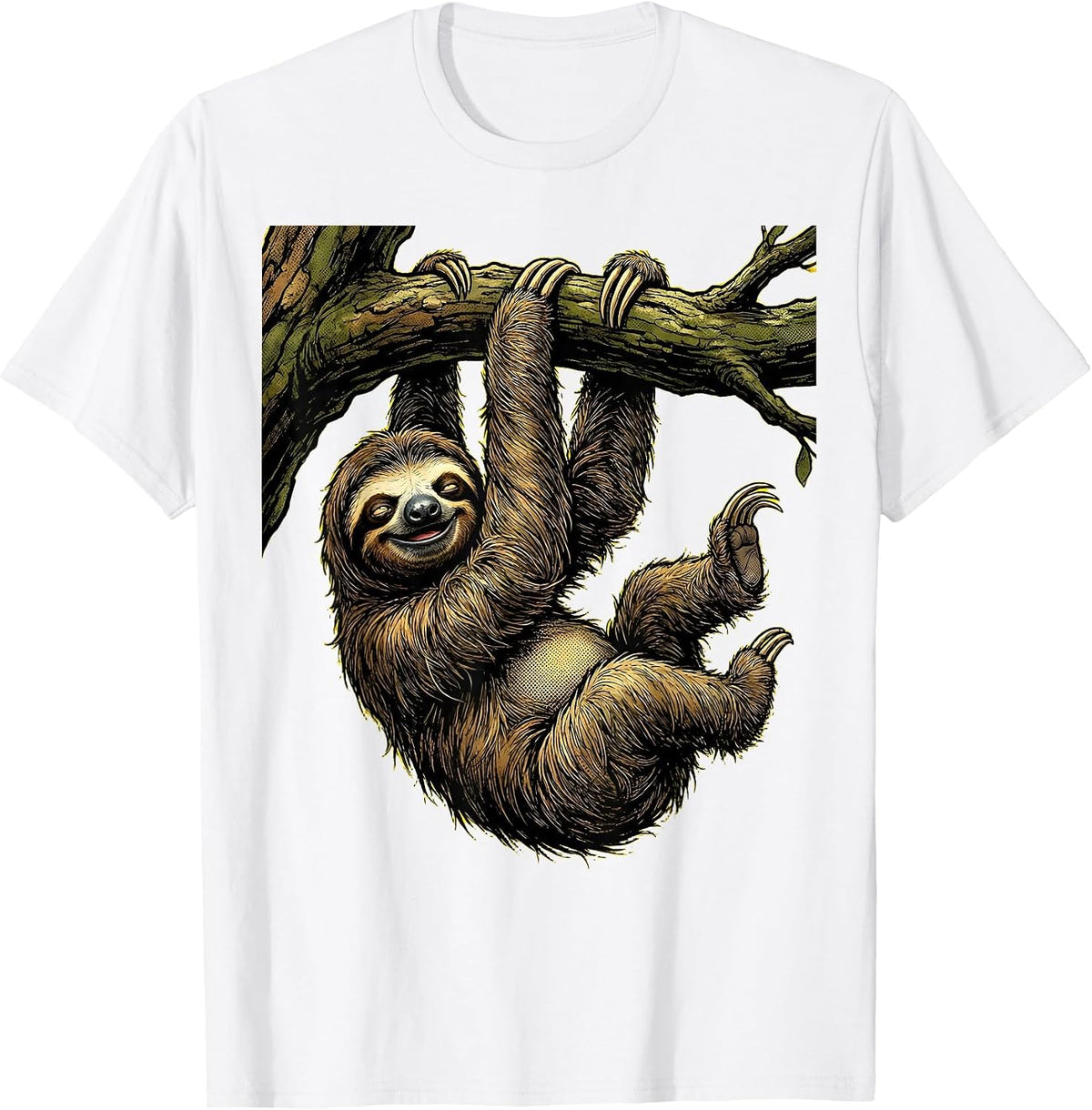 Men's Lazy Sloth Hanging From Tree Branch T-Shirt - White