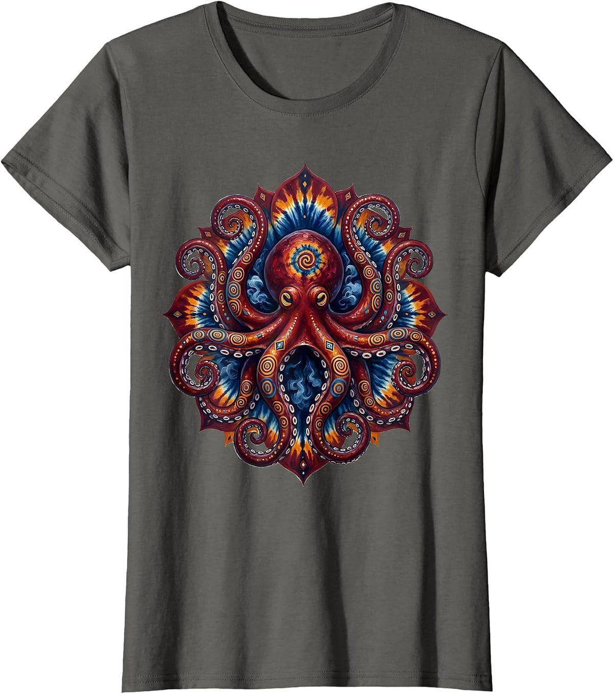 Women's Tie Dye Octopus Inking Rainbow Swirl Art T-Shirt - Asphalt Grey
