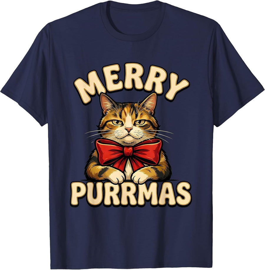 Merry Purrmas Cartoon Cat Lover Christmas Holiday Humor T-Shirt - Navy Blue