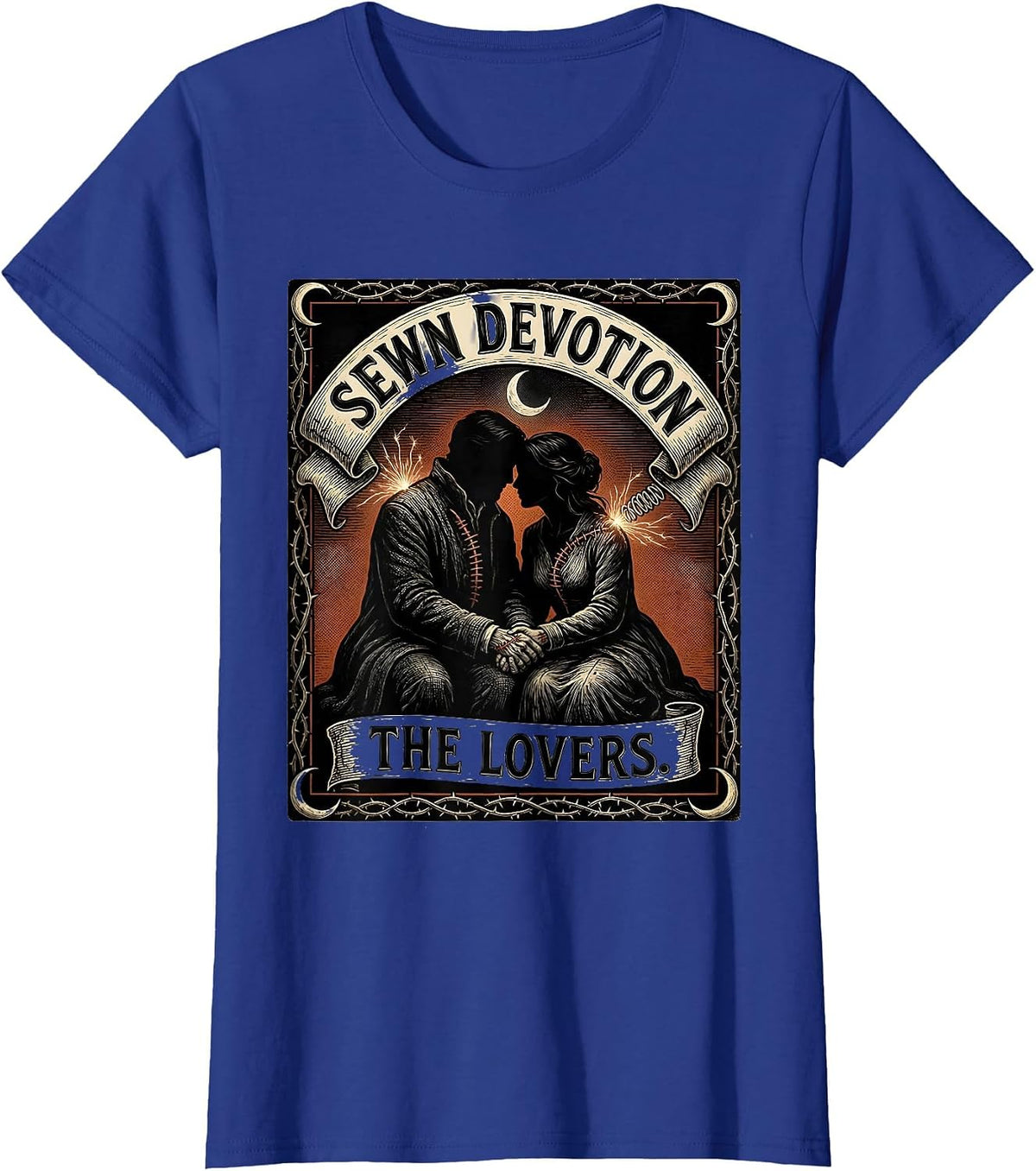 Women's Sewn Devotion The Lovers Woodcut Engraving Horror Romance T-Shirt - Royal Blue