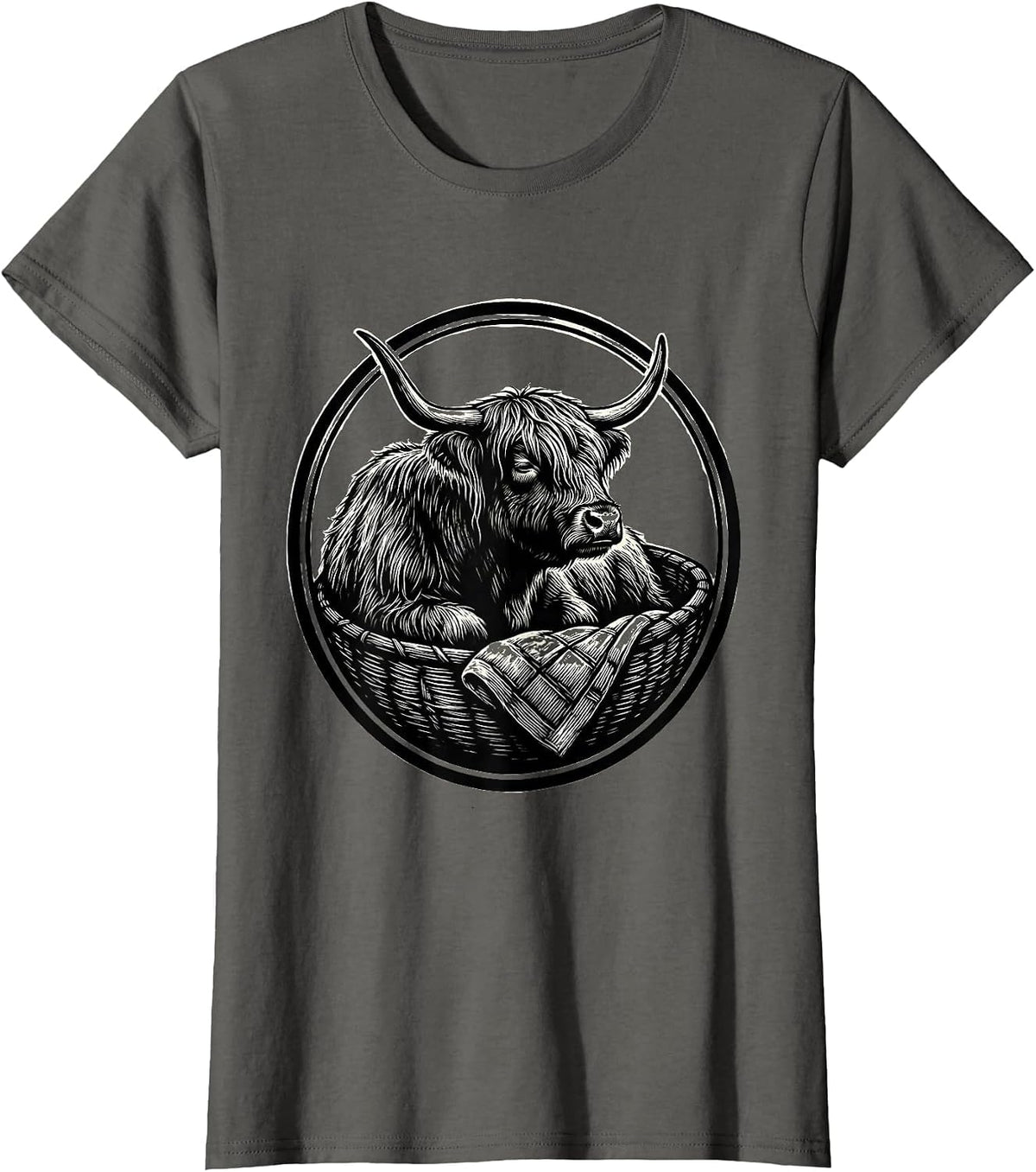 Women's Highland Cow Sleep Basket Cozy Scratchboard Art T-Shirt - Asphalt Grey