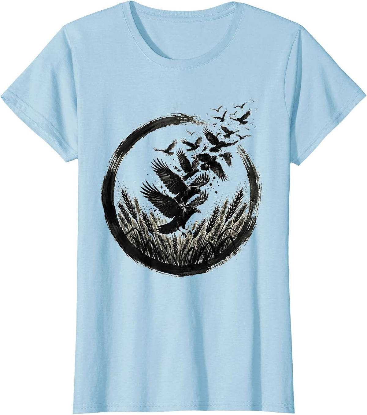 Crows Bursting From Wheat Field Illustration T-Shirt - Baby Blue