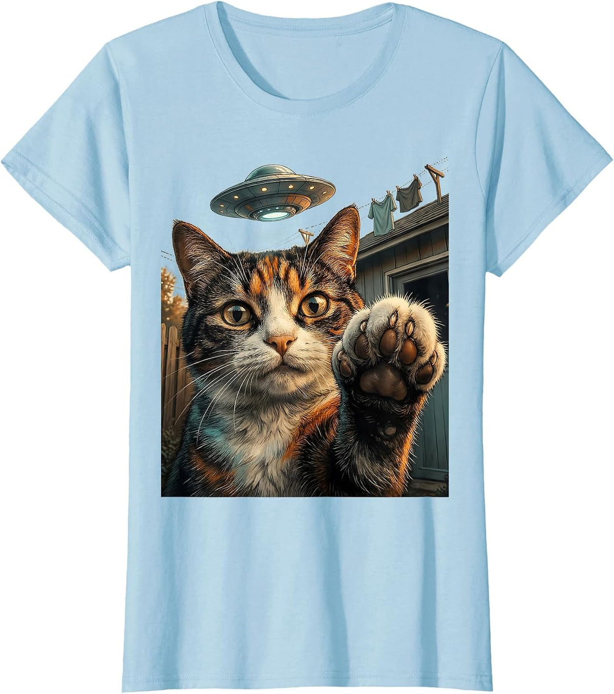 Women's Startled Cat UFO Selfie Funny Cat Lover Gift T-Shirt - Baby Blue