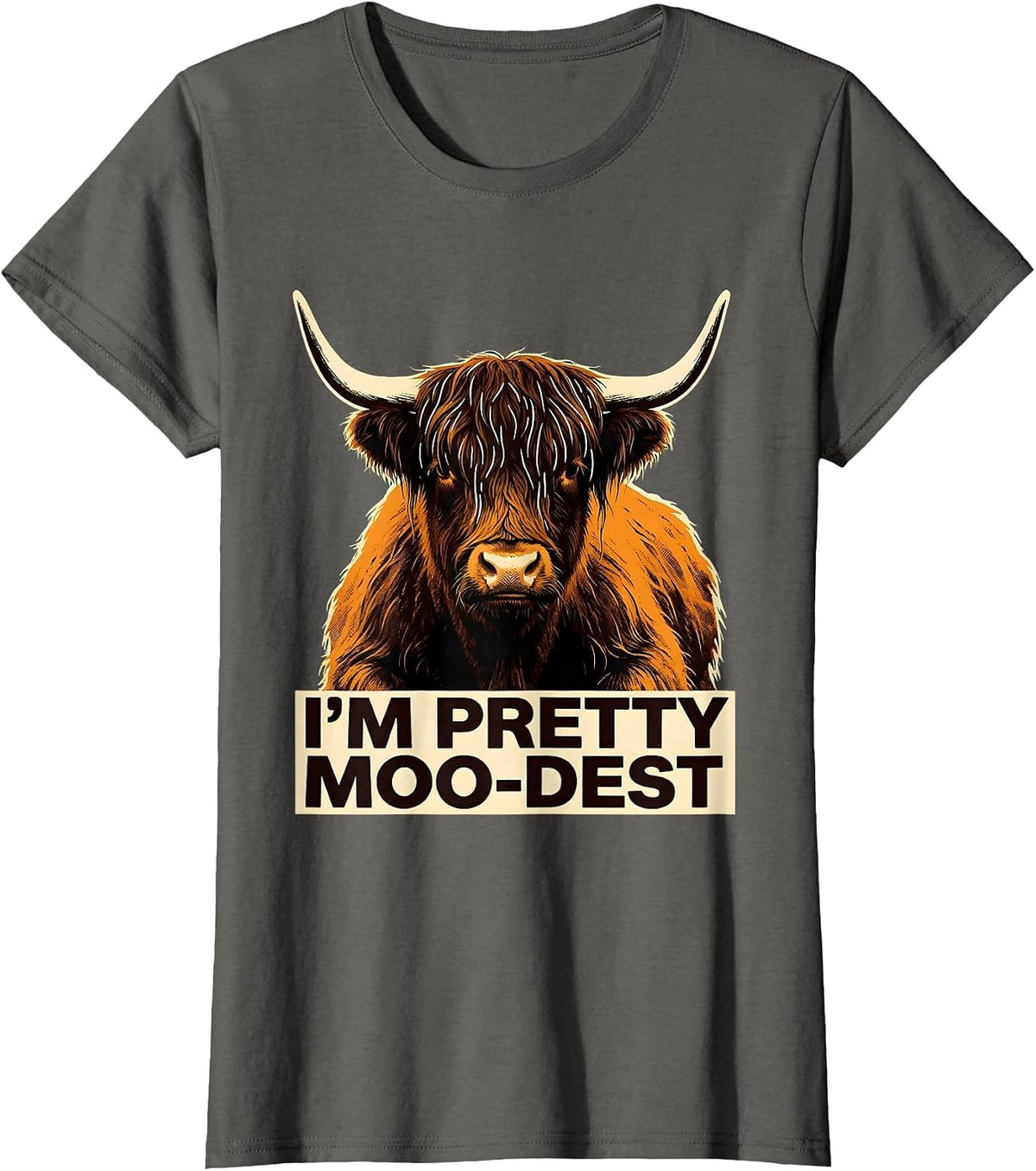 Women's I'm Pretty Moo-dest Funny Highland Cow Floral Humor T-Shirt - Asphalt Grey