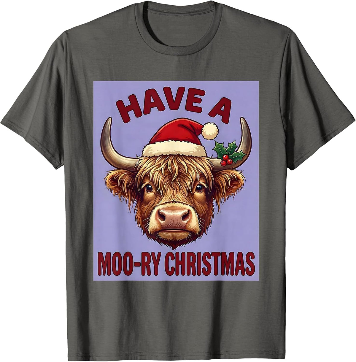 Have A Moo-ry Christmas Cute Kawaii Highland Cow Holiday T-Shirt - Asphalt Grey