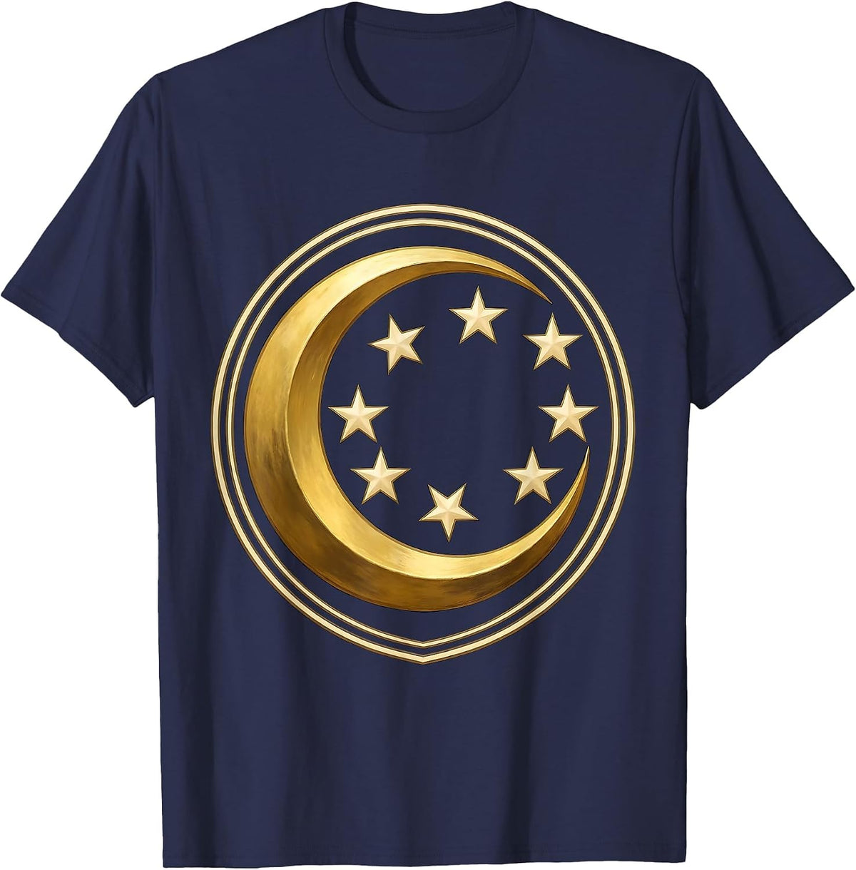 Crescent Moon and Seven Stars Celestial Design T-Shirt - Navy Blue