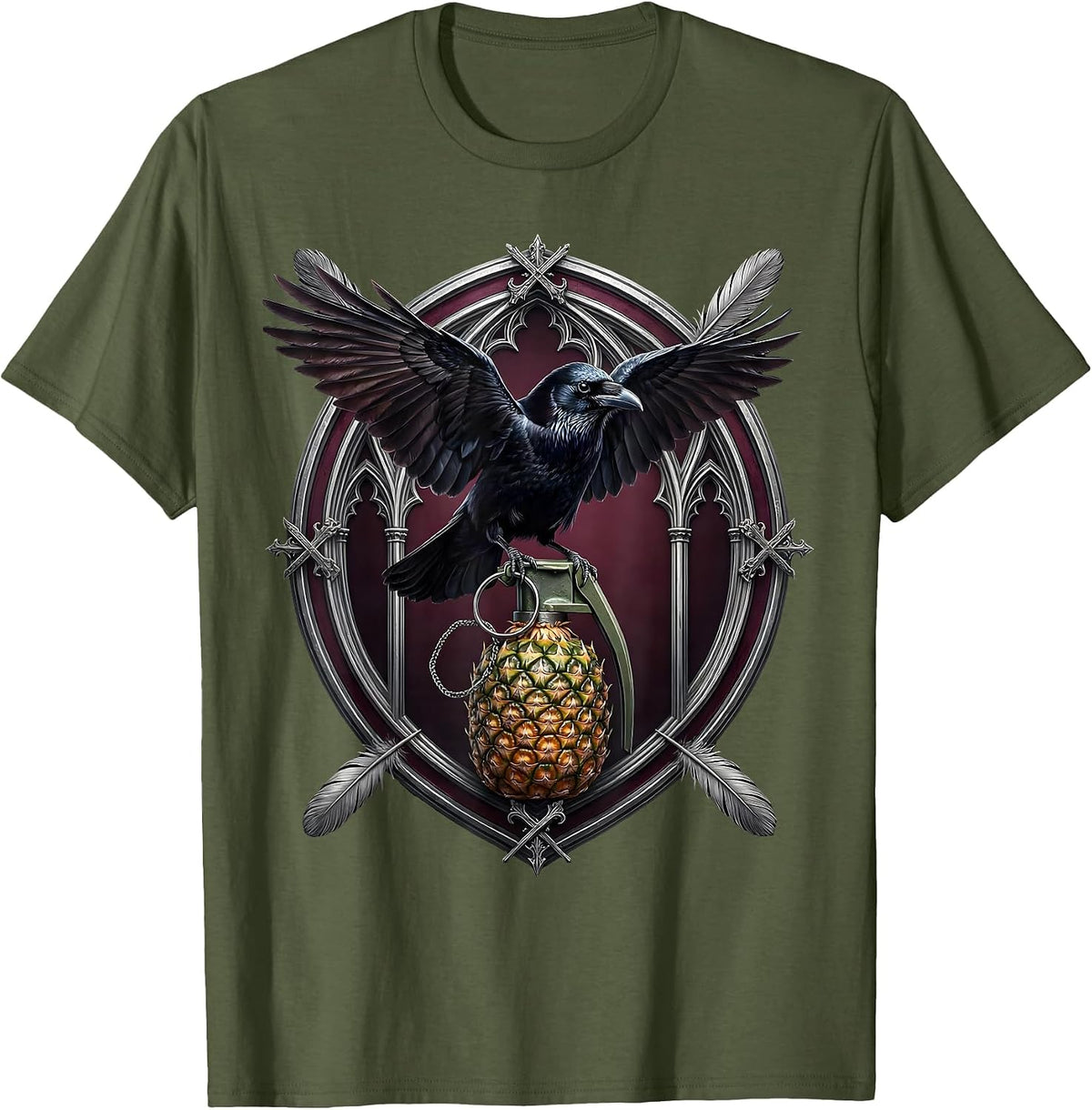 Crow Perched on Grenade Dark Art Illustration T-Shirt - Olive Green