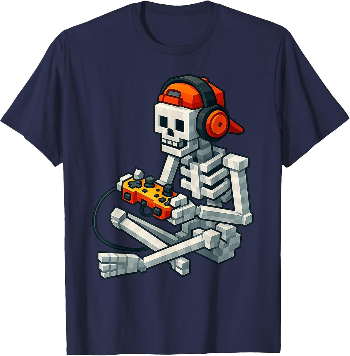 Halloween Skeleton Gamer Pixel Video Gaming Boys Men Kids T-Shirt - Navy Blue