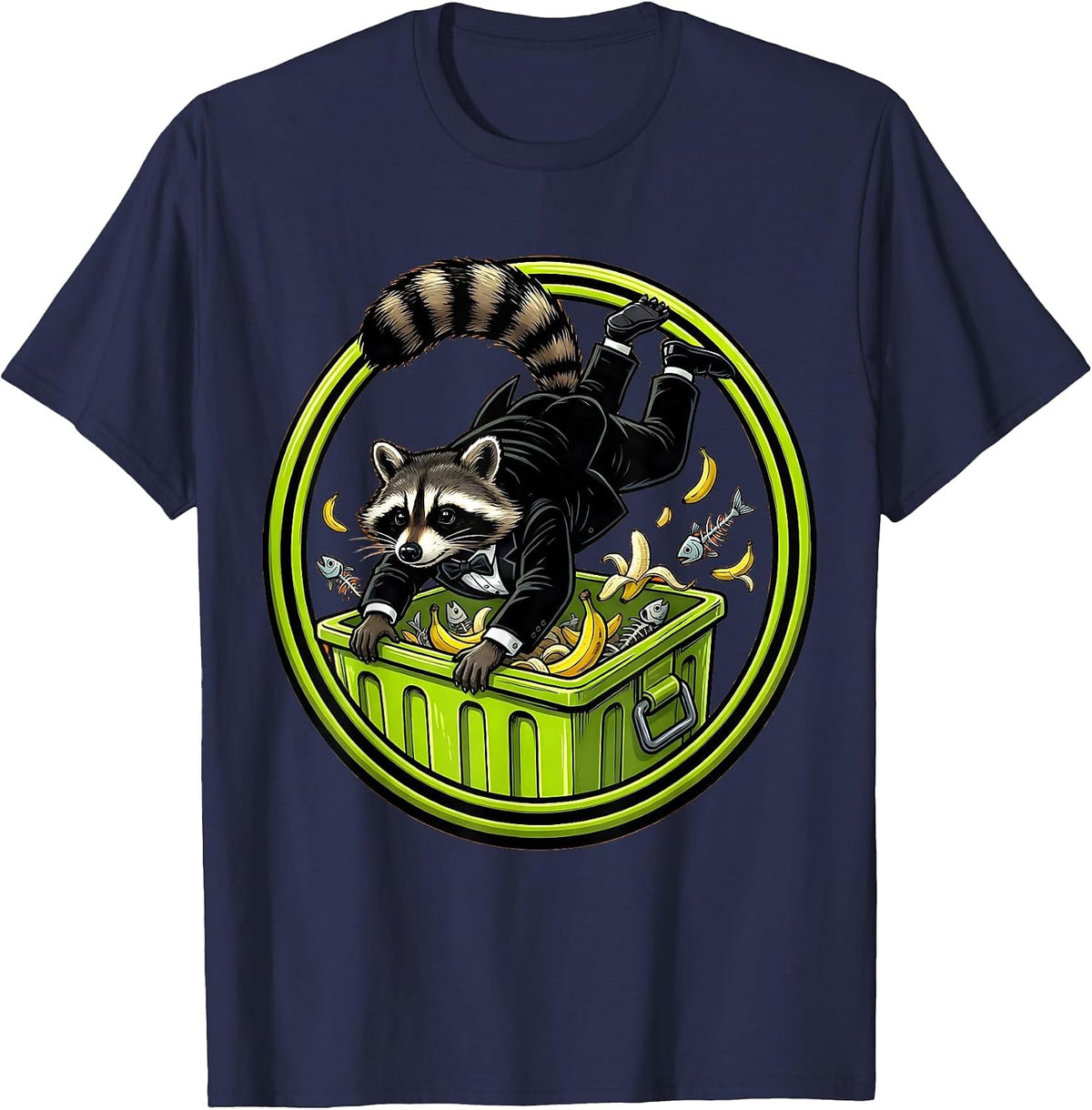 Fancy Raccoon Dumpster Diving Tuxedo Illustration T-Shirt - Navy Blue