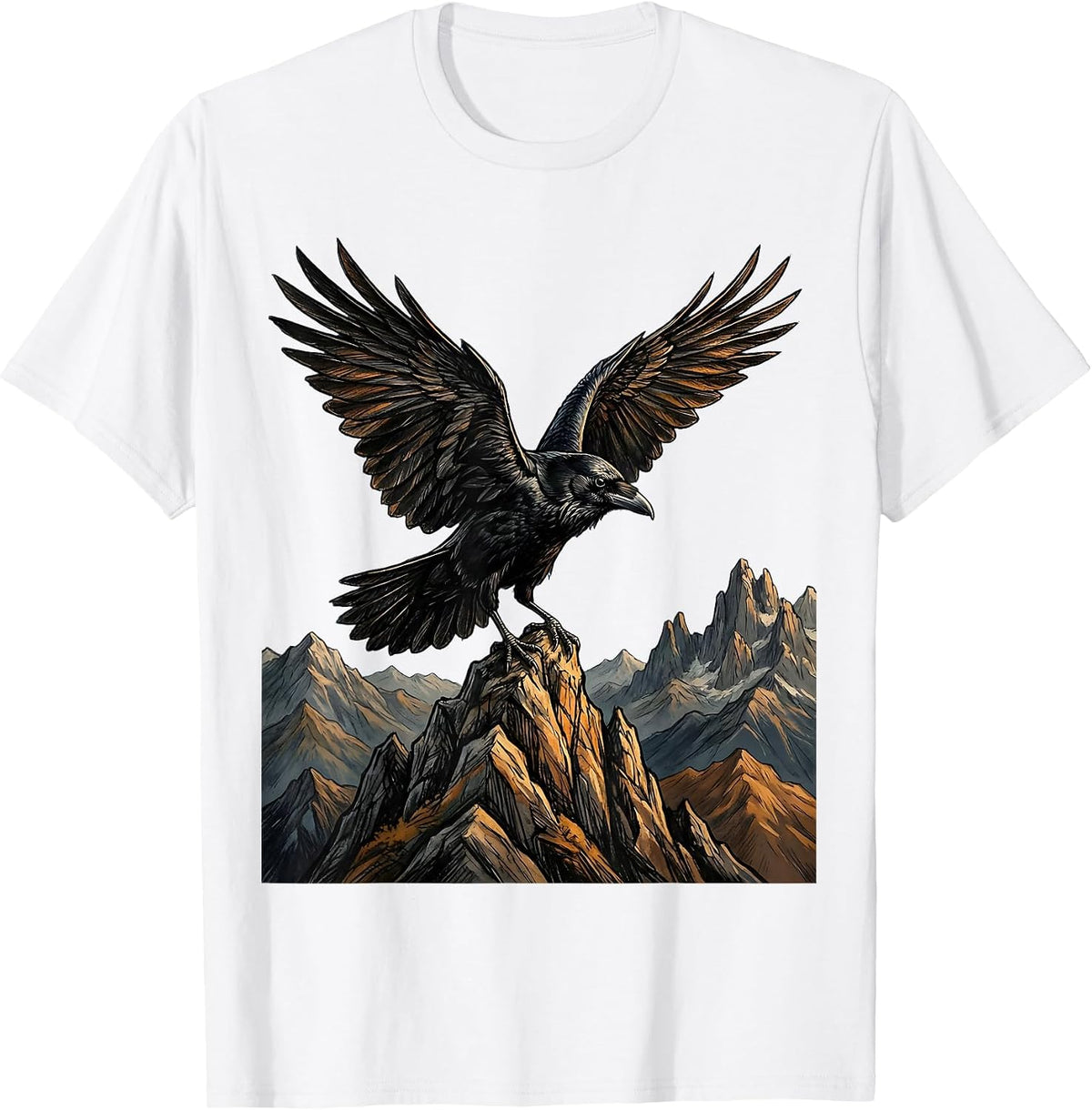 Men's Crow With Outstretched Wings On Mountain Peak T-Shirt - White