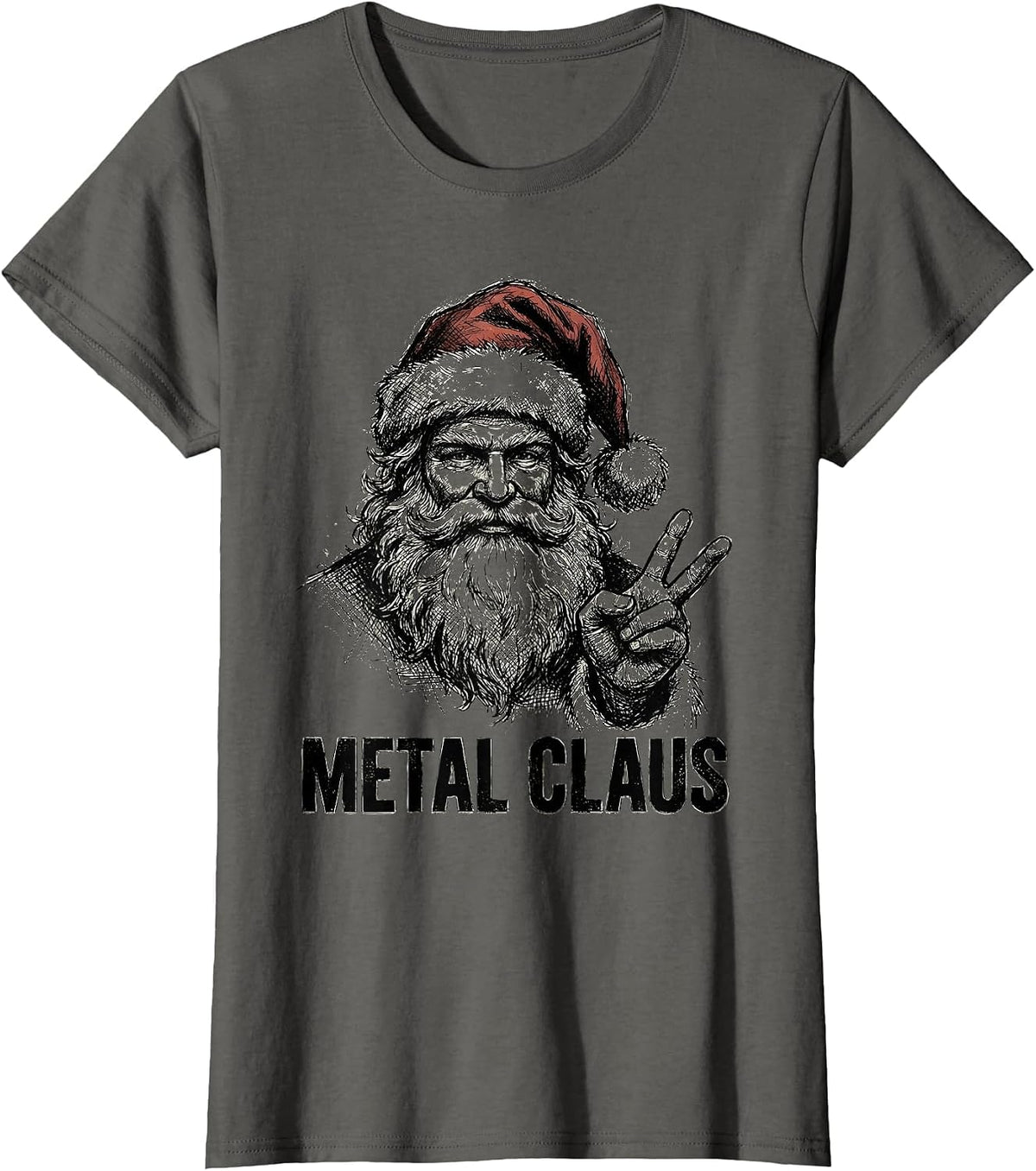 Women's Metal Claus Hand Sketched Heavy Metal Rock Santa Christmas T-Shirt - Asphalt Grey