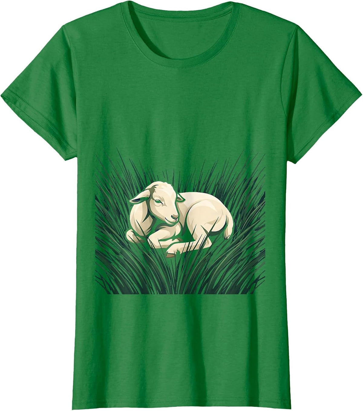 Women's Baby Goat Curled Up In Grass Illustration T-Shirt - Kelly Green