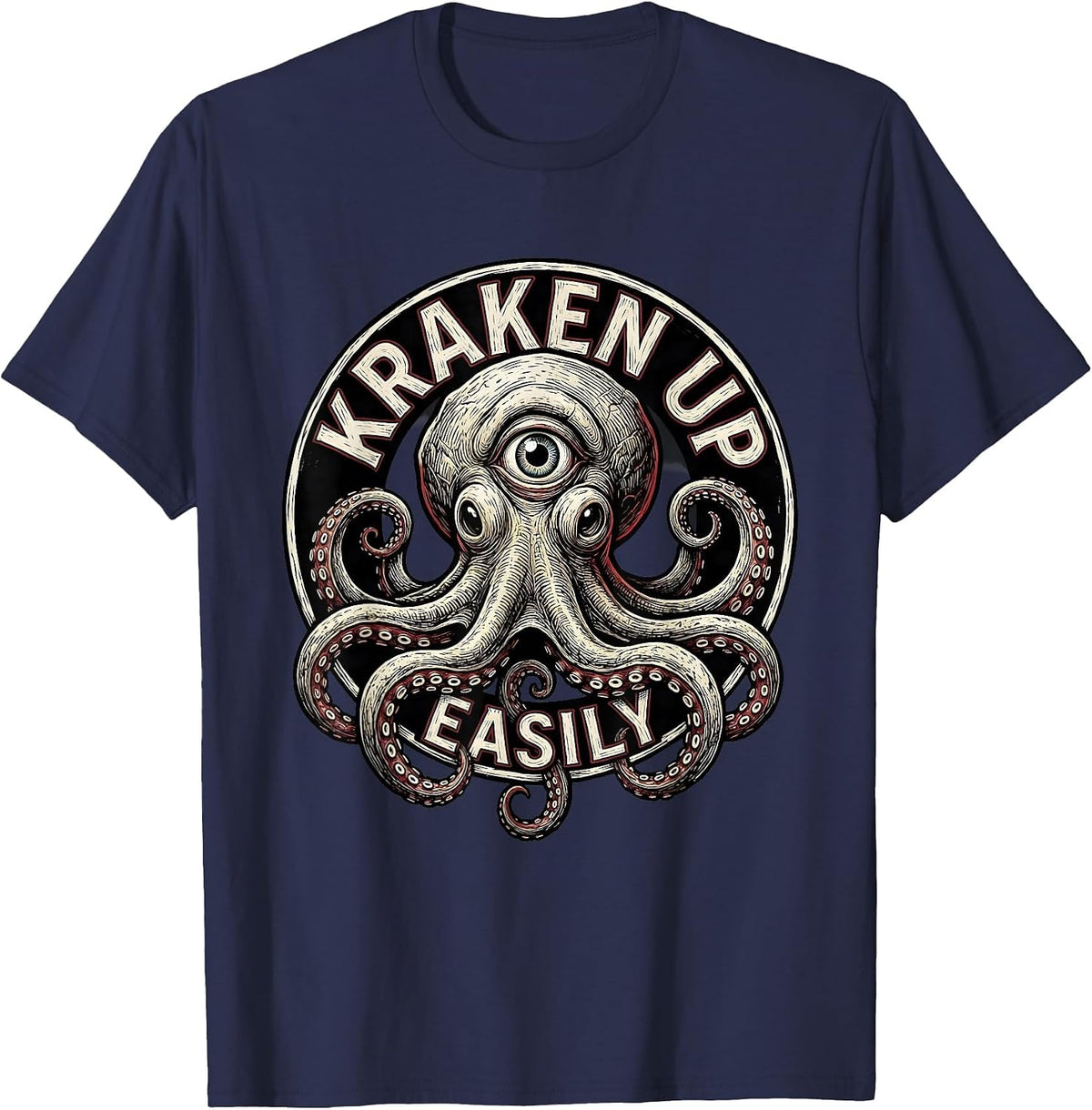 Kraken Up Easily Playful Woodcut Engraving Octopus Lover T-Shirt - Navy Blue