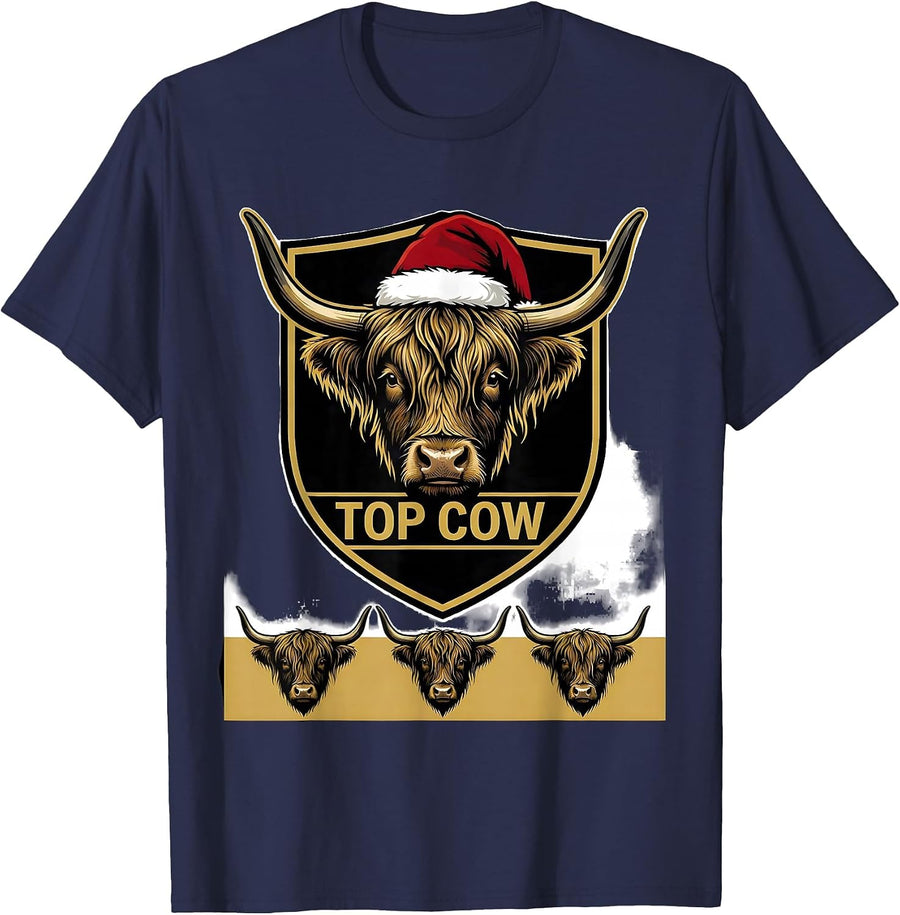 Top Cow Highland Cow Christmas Farm Humor Whimsical Humor T-Shirt - Navy Blue