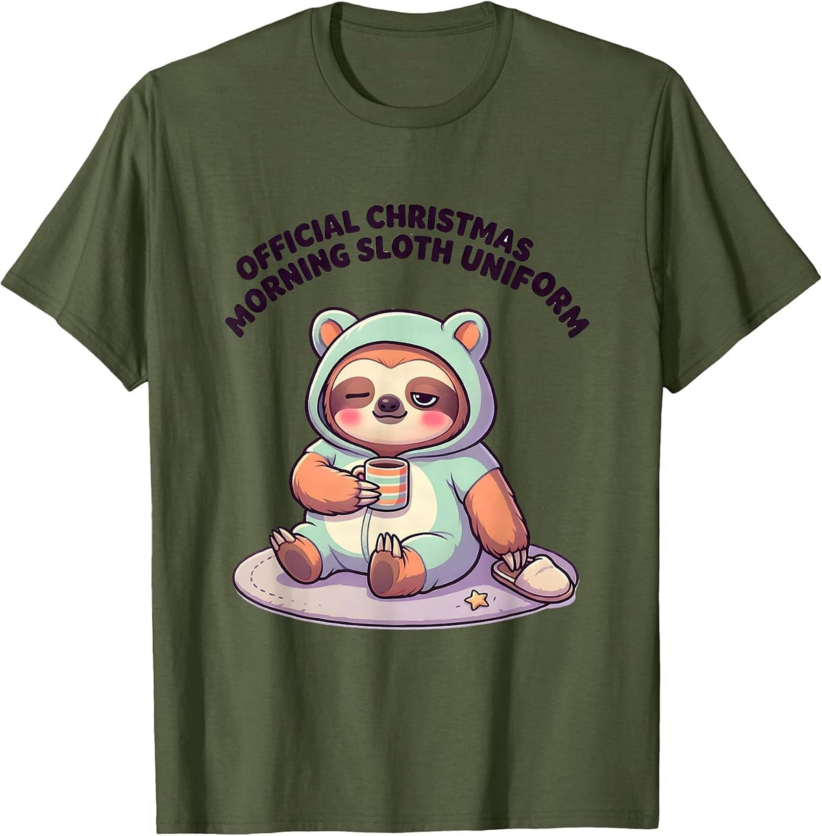 Men's Official Christmas Morning Sloth Uniform Cute Kawaii T-Shirt - Olive Green