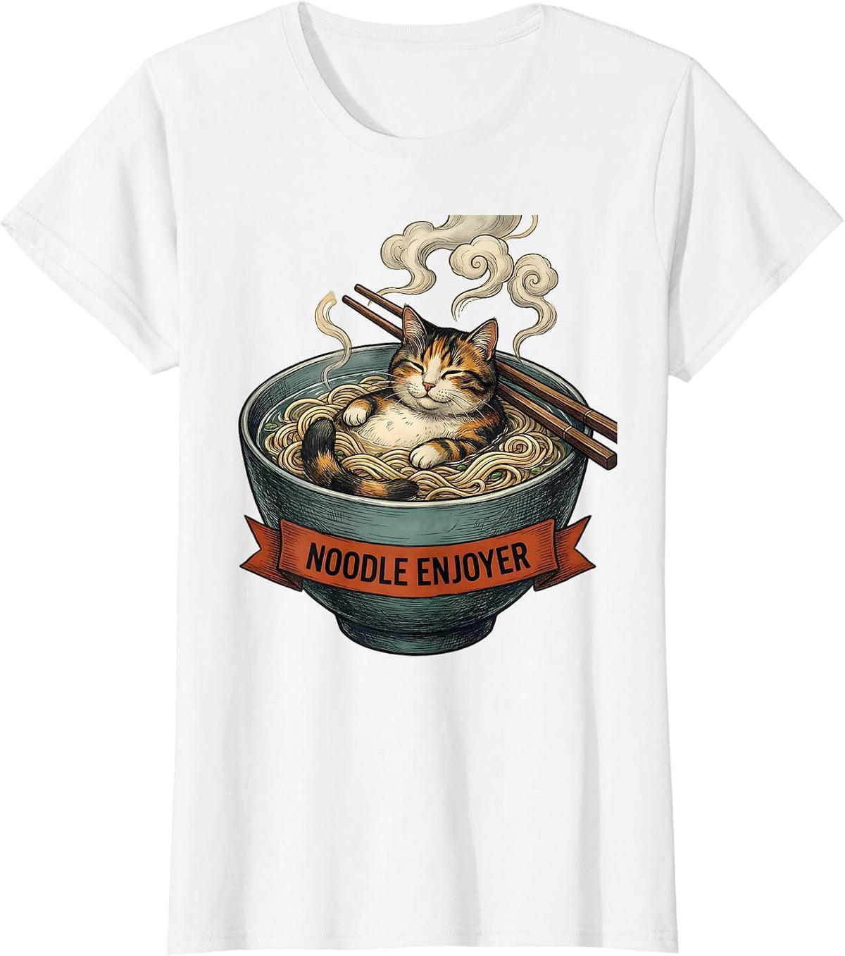 Women's Noodle Enjoyer Funny Cat Ramen Japanese Kawaii Anime Gift T-Shirt - White