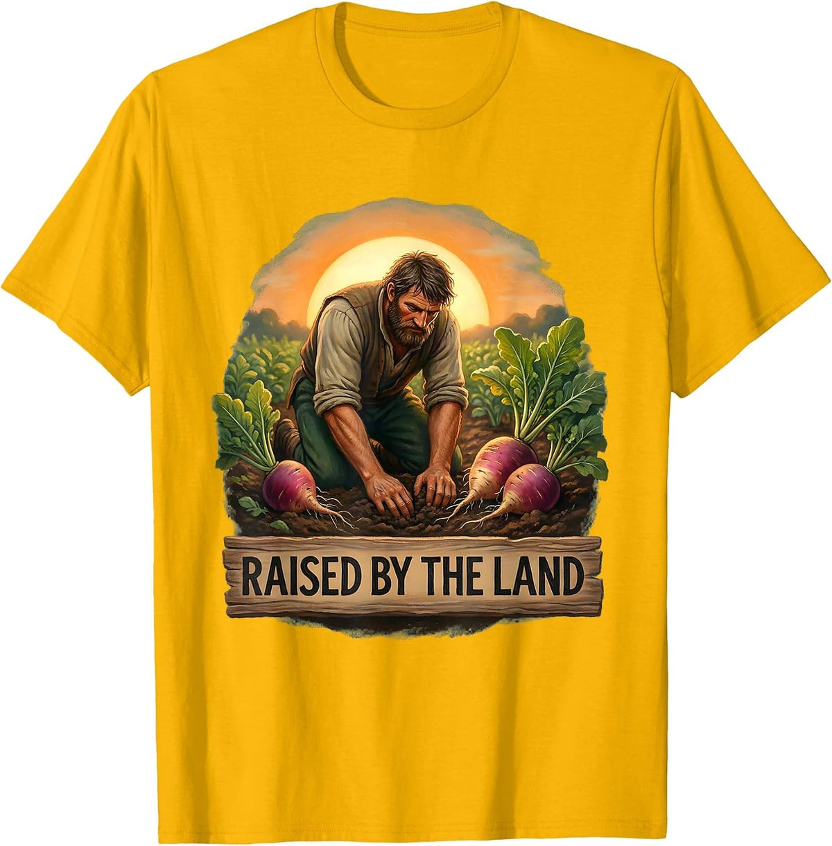 Raised by the Land Rustic Peasant Design T-Shirt - Golden Yellow