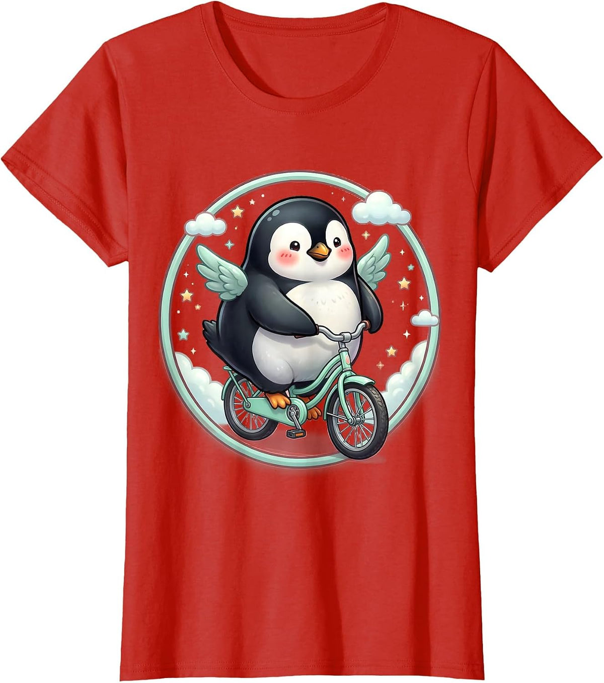 Penguin Riding a Bicycle with Tiny Wheels T-Shirt - Red