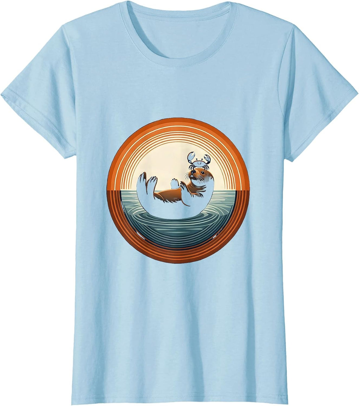 Women's Sea Otter Balancing Crab on Nose Illustration T-Shirt - Baby Blue