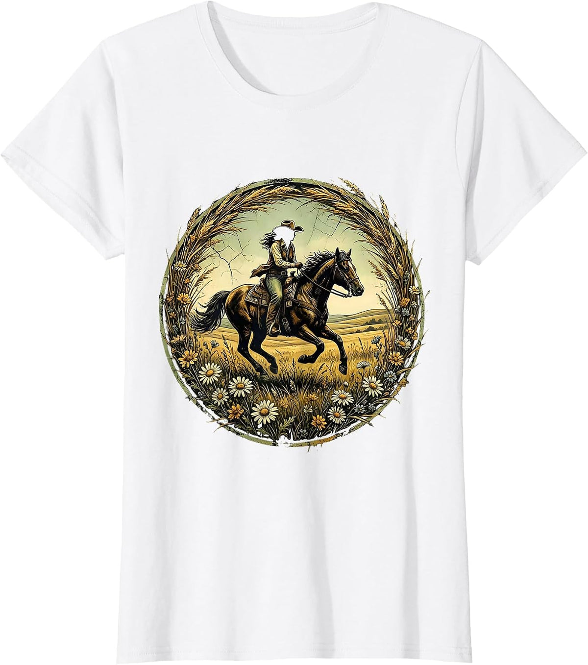 Cowgirl Galloping Horse Through Open Meadow T-Shirt - White