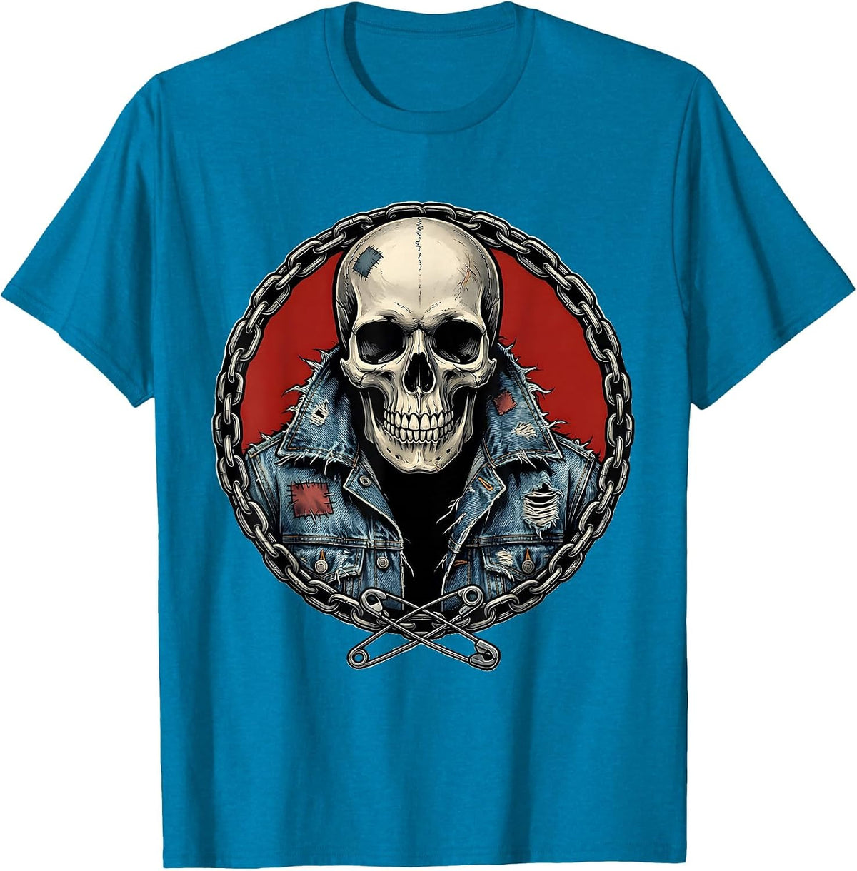 Grunge Skull in Torn Denim Jacket Illustration T-Shirt - Sapphire Blue