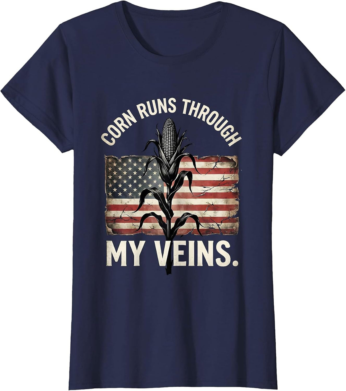 Women's Corn Runs Through My Veins Funny Corn Design T-Shirt - Navy Blue