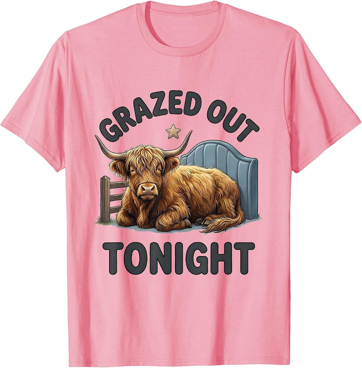 Men's Grazed Out Tonight Soft Cartoon Highland Cow Sleepwear Humor T-Shirt - Pink